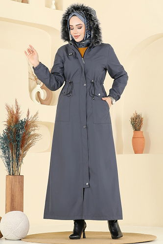 moda selvim Çıkarılabilir Kapşonlu Bondit Trençkot 2821MSA980 Gri - Thumbnail