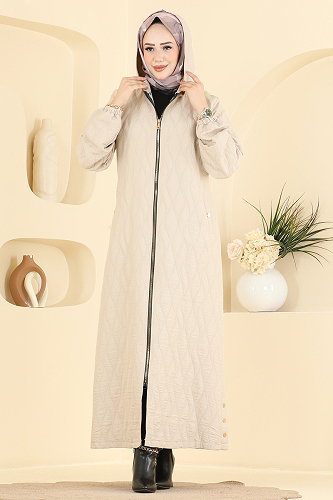 moda selvim Çıkarılabilir Kapüşonlu Kapitone Kap 3016DFL152 Taş - Thumbnail