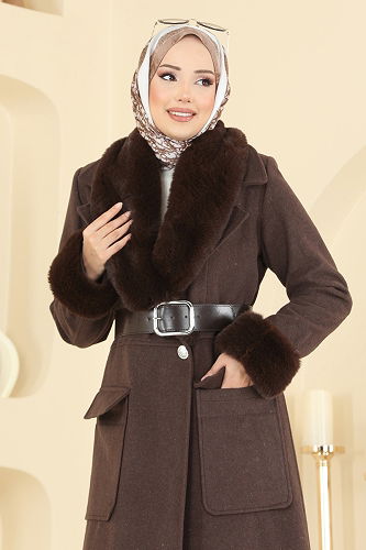 moda selvim Çıkarılabilir Kürklü Kaşe Kaban 8161AB368 Kahve - Thumbnail