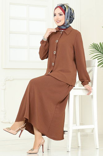 moda selvim Çıtçıt Detay Etekli Takım 6022UZ662 Kahve - Thumbnail