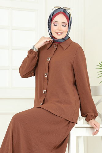 moda selvim Çıtçıt Detay Etekli Takım 6022UZ662 Kahve - Thumbnail
