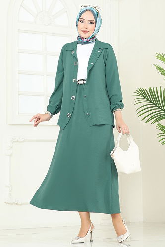 moda selvim Çıtçıt Detay Etekli Takım 6022UZ662 Koyu Mint - Thumbnail