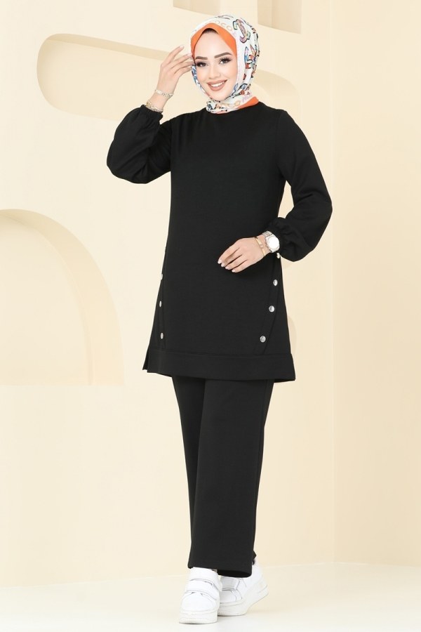 Modaselvim KURBAN BAYRAMI İNDİRİMİ Çıtçıt Detay Modal Kumaş Takım 2561SL432 Siyah