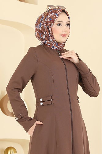 moda selvim Çıtçıt Detaylı Dabıl Ferace 2803SL432 Kahve - Thumbnail