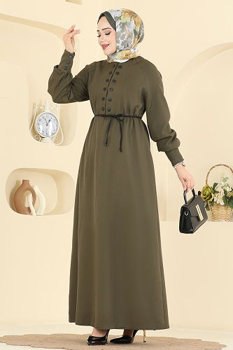 moda selvim Çıtçıt Düğme Detaylı Elbise 2790SL432 Haki - Thumbnail