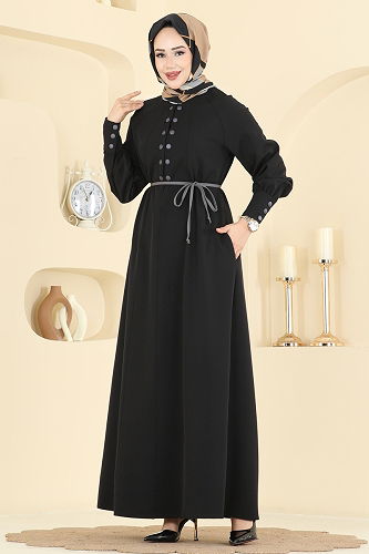 moda selvim Çıtçıt Düğme Detaylı Elbise 2790SL432 Siyah - Thumbnail