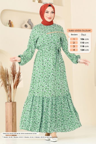 moda selvim Çıtır Desen Viskon Elbise 828OZN1046 Açık Yeşil - Thumbnail