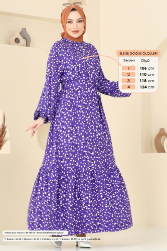 moda selvim Çıtır Desen Viskon Elbise 828OZN1046 Lila - Thumbnail