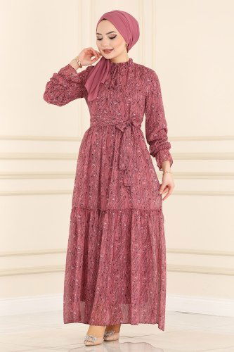moda selvim Çıtır Desenli Şifon Elbise 5153AL357 Gül Kurusu - Thumbnail