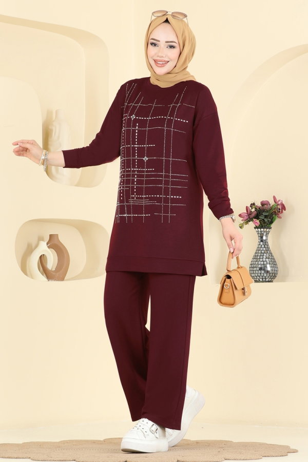 Modaselvim Kombin Çizgi Desen Detaylı 2 li Takım 2797AYD574 Bordo