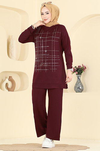 moda selvim Çizgi Desen Detaylı 2 li Takım 2797AYD574 Bordo - Thumbnail