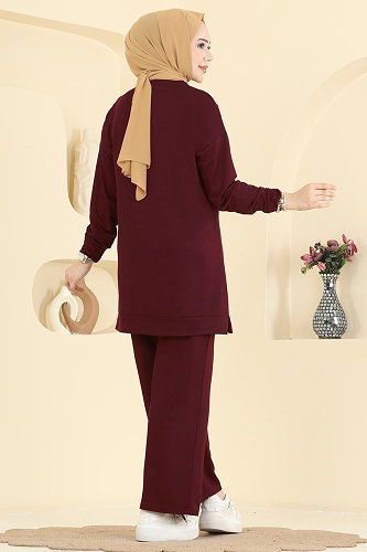 moda selvim Çizgi Desen Detaylı 2 li Takım 2797AYD574 Bordo - Thumbnail
