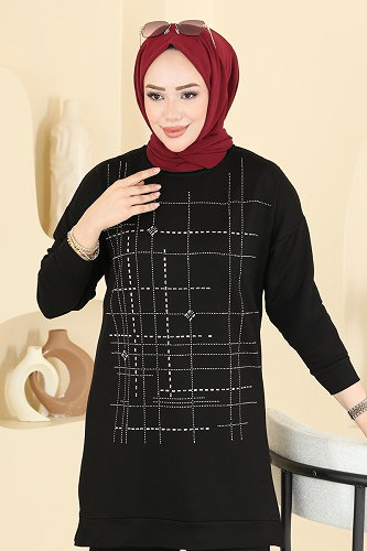 moda selvim Çizgi Desen Detaylı 2 li Takım 2797AYD574 Siyah - Thumbnail