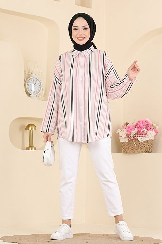 moda selvim Çizgi Desenli Dokuma Gömlek 185NZRK1200 Laci&Pembe - Thumbnail