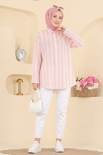 moda selvim Çizgi Desenli Dokuma Gömlek 185NZRK1200 Pembe - Thumbnail