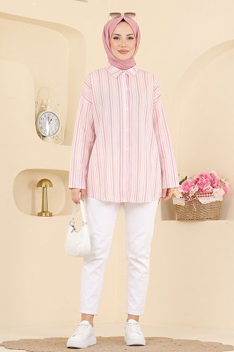 moda selvim Çizgi Desenli Dokuma Gömlek 185NZRK1200 Pembe - Thumbnail