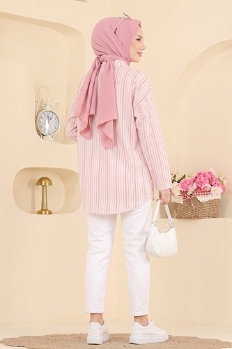moda selvim Çizgi Desenli Dokuma Gömlek 185NZRK1200 Pembe - Thumbnail
