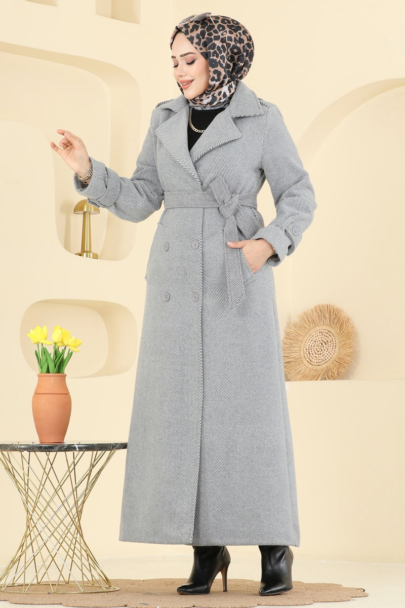 Çizgi Desenli Kaşe Kaban 057TGZ1164 Gri