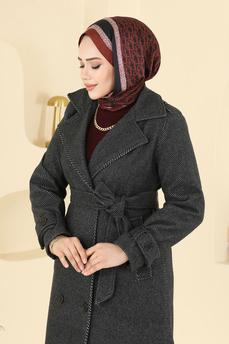 Çizgi Desenli Kaşe Kaban 057TGZ1164 Siyah