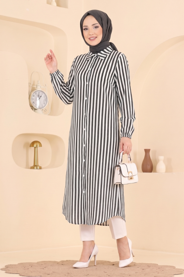 Modaselvim Tunik Çizgi Desenli Keten Gömlek 166NZRK1200 Siyah