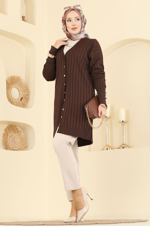 Modaselvim Hırka/Yelek Çizgi Desenli Merserize Triko Hırka 3179UZ662 Kahve