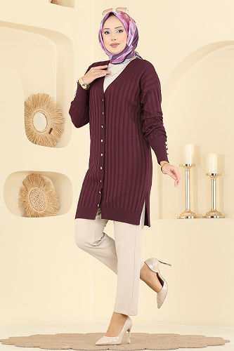 moda selvim Çizgi Desenli Merserize Triko Hırka 3179UZ662 Mürdüm - Thumbnail