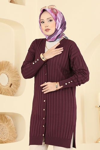 moda selvim Çizgi Desenli Merserize Triko Hırka 3179UZ662 Mürdüm - Thumbnail