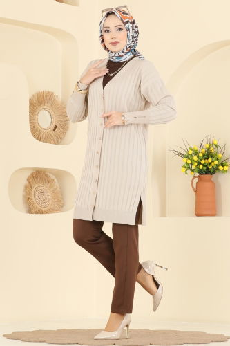 U.Z. - Çizgi Desenli Merserize Triko Hırka 3179UZ662 Taş