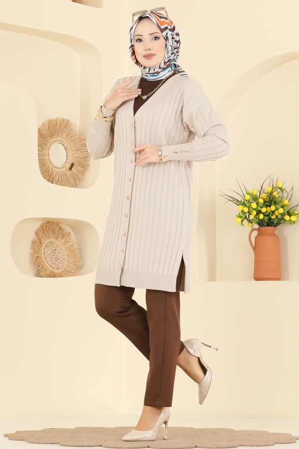 Modaselvim Hırka/Yelek Çizgi Desenli Merserize Triko Hırka 3179UZ662 Taş