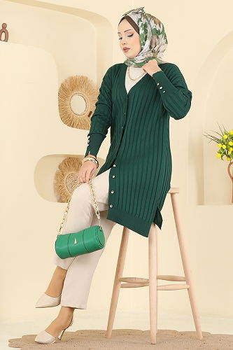 moda selvim Çizgi Desenli Merserize Triko Hırka 3179UZ662 Zümrüt - Thumbnail