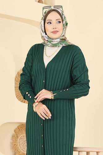 moda selvim Çizgi Desenli Merserize Triko Hırka 3179UZ662 Zümrüt - Thumbnail