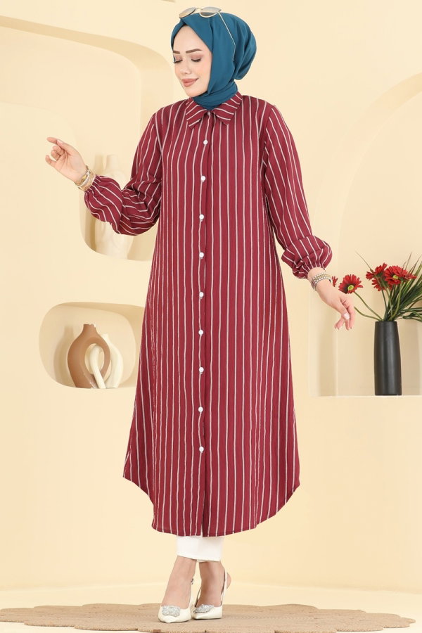 Modaselvim Tunik Çizgi Desenli Uzun Tunik 128NZRK1200 Bordo