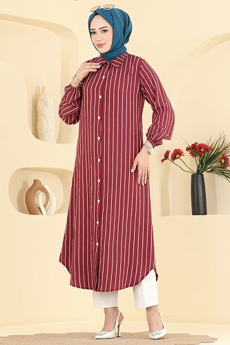 moda selvim Çizgi Desenli Uzun Tunik 128NZRK1200 Bordo - Thumbnail