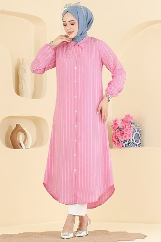 moda selvim Çizgi Desenli Uzun Tunik 128NZRK1200 Pembe - Thumbnail