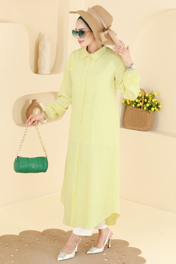 Modaselvim Tunik Çizgi Desenli Uzun Tunik 128NZRK1200 Sarı