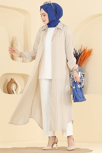 moda selvim Çizgi Desenli Uzun Tunik 128NZRK1200 Taş - Thumbnail