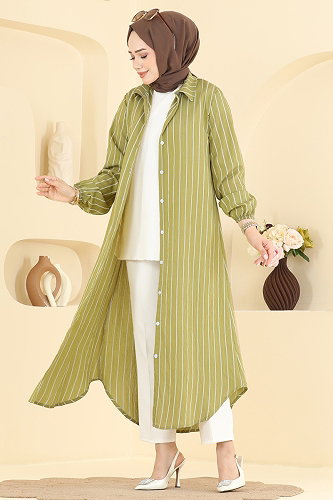 moda selvim Çizgi Desenli Uzun Tunik 128NZRK1200 Yağ Yeşili - Thumbnail