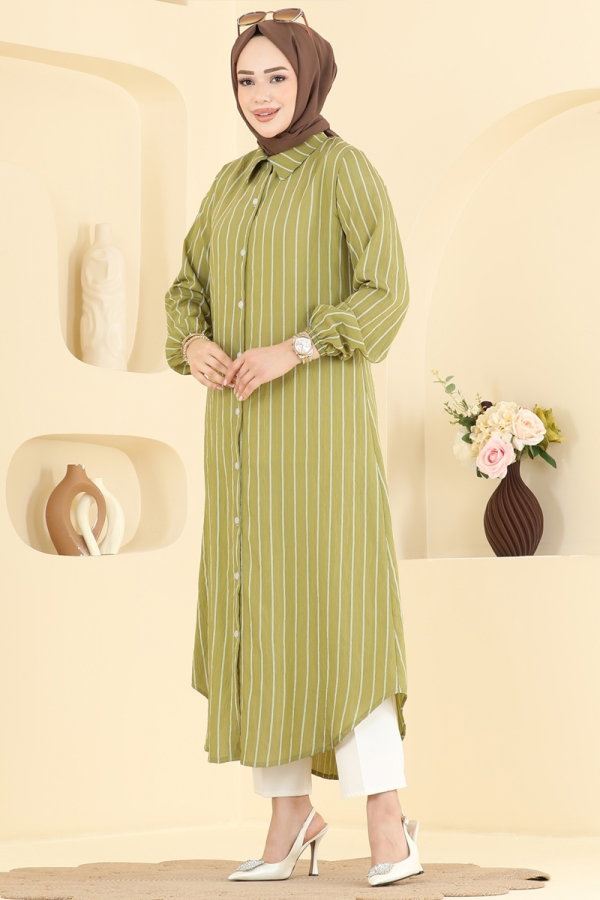 Modaselvim Tunik Çizgi Desenli Uzun Tunik 128NZRK1200 Yağ Yeşili