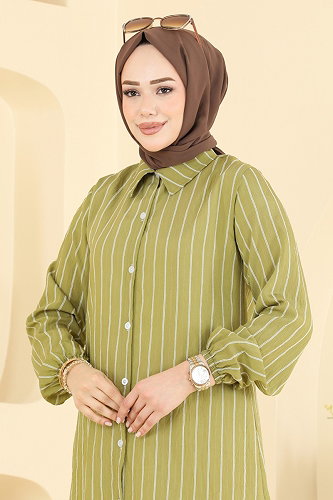 moda selvim Çizgi Desenli Uzun Tunik 128NZRK1200 Yağ Yeşili - Thumbnail