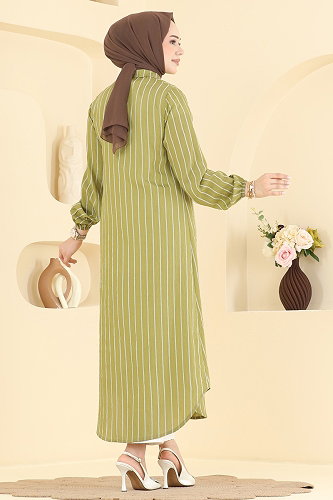 moda selvim Çizgi Desenli Uzun Tunik 128NZRK1200 Yağ Yeşili - Thumbnail