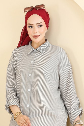 moda selvim Çizgi Desenli Viskon Gömlek 190NZRK1200 Siyah - Thumbnail