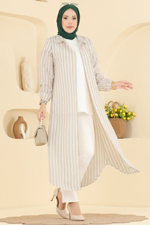 Modaselvim Tunik Çizgi Desenli Viskon Tunik 141NZRK1200 Bej