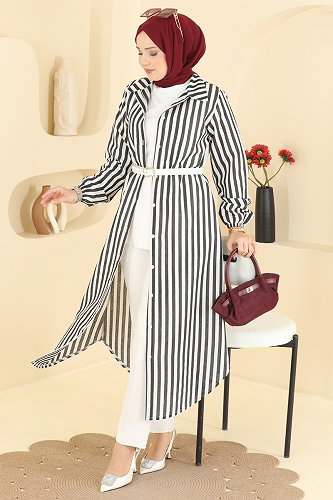moda selvim Çizgi Desenli Viskon Tunik 141NZRK1200 Siyah - Thumbnail