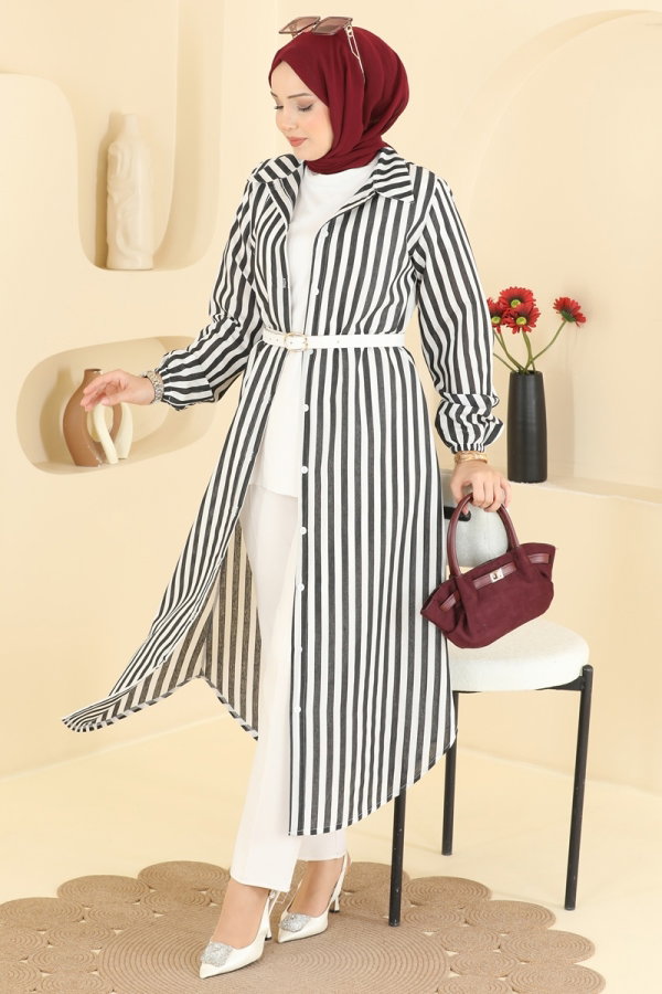 Modaselvim Tunik Çizgi Desenli Viskon Tunik 141NZRK1200 Siyah