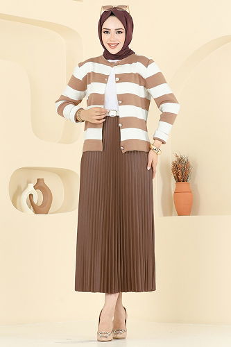 moda selvim Çizgi Detay Hırkalı Takım 2828MP806 Camel - Thumbnail