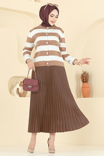 moda selvim Çizgi Detay Hırkalı Takım 2828MP806 Camel - Thumbnail