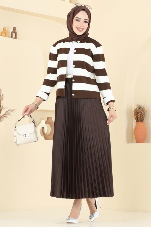 Modaselvim Kombin Çizgi Detay Hırkalı Takım 2828MP806 Kahve