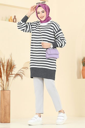 moda selvim Çizgi Detay Triko Tunik 6005KL398 Antrasit - Thumbnail