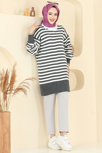 moda selvim Çizgi Detay Triko Tunik 6005KL398 Antrasit - Thumbnail