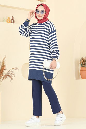 moda selvim Çizgi Detay Triko Tunik 6005KL398 İndigo - Thumbnail
